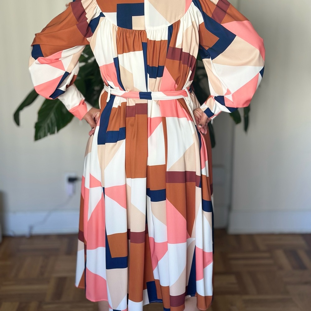 Beulah Orange and Cream A-line Dress with Bishop Sleeves